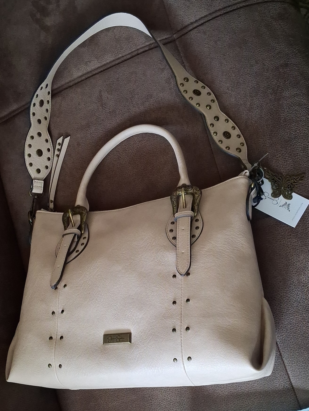 Jessica Simpson Beige Women's Faux Leather Tote Bag with Decorative Buckles
